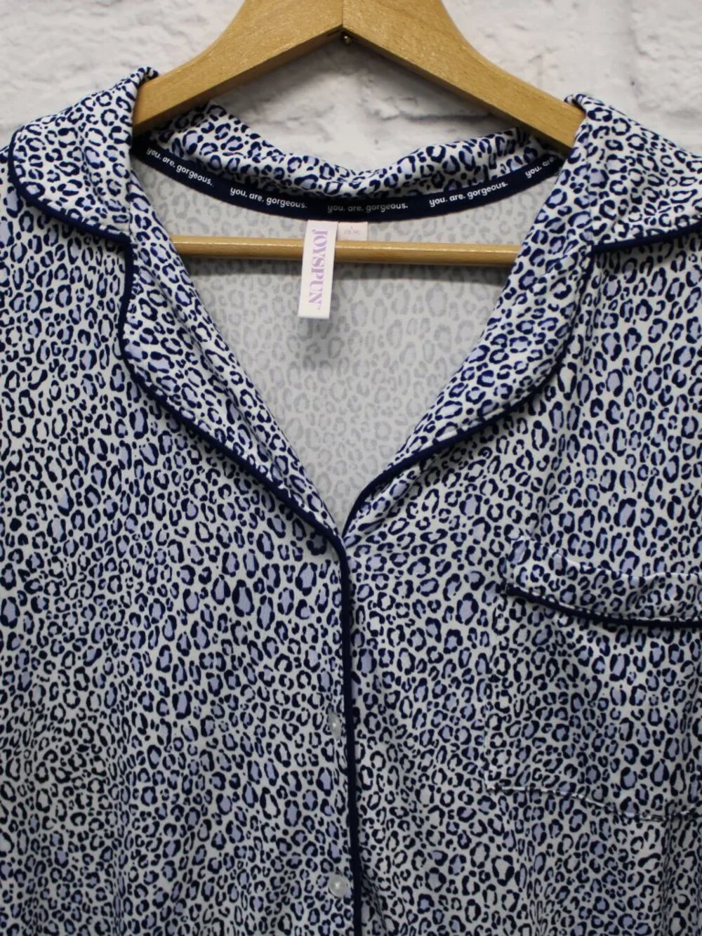 Joyspun Large Blue Black Leopard Print Shortsleeve Button Pajama Loungewear Set